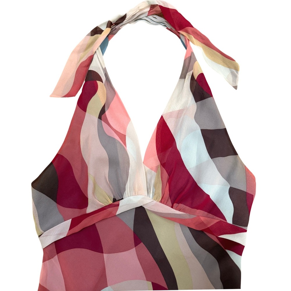 BCBGMaxAzria 100% Silk Halter Abstract Swirl Midi Dress Size 10 Y2K Backless - Picture 11 of 14